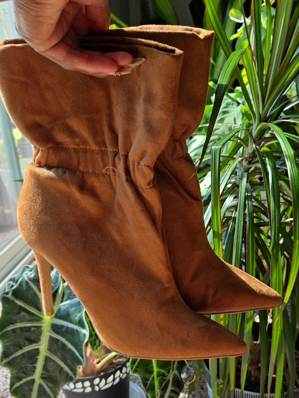 Express Cognac Brown Suede Slouch Stiletto Ankle Boots